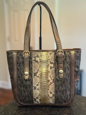 Vintage Michael Kors Brown & Gold Logo Tote with Snake-Print Center